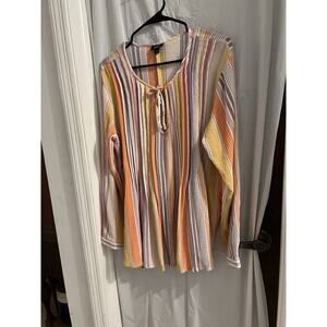 Ana Multicolor Striped Pleated Front Tie Neck Peasant Top Sz M